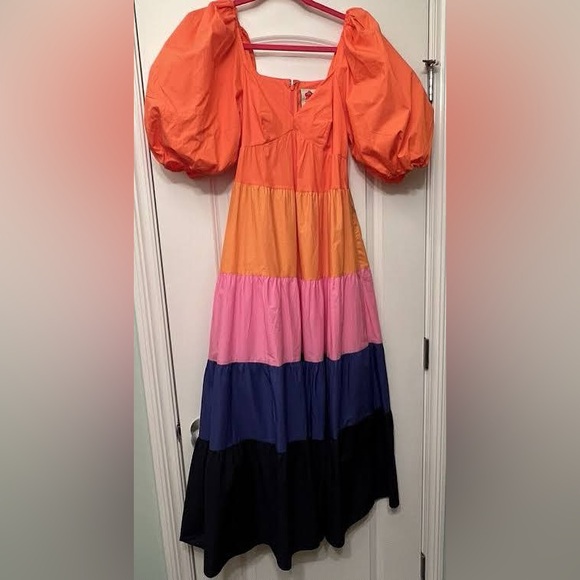 FARM Rio Multicolor Tiered Puff-Sleeve Maxi Dress — Orange, Yellow, Pink & Blue - Picture 11 of 12